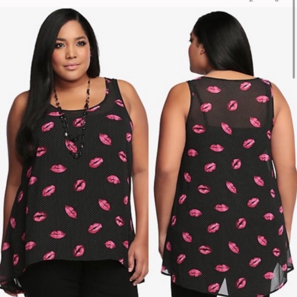 Torrid sheer mesh lip print high low tank top.